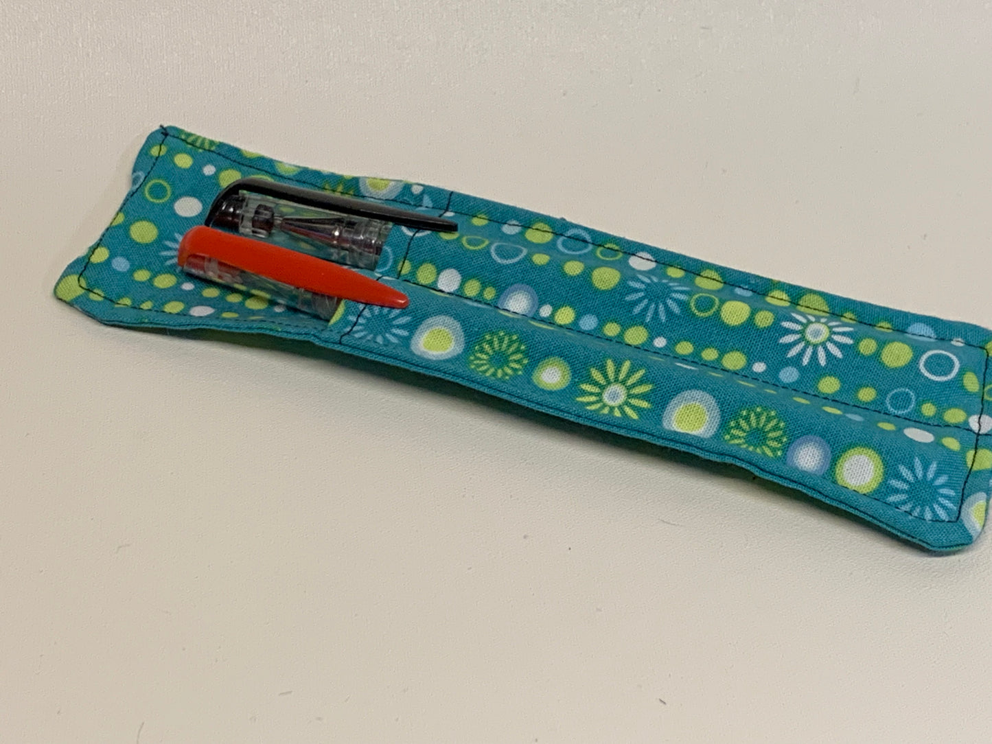 Pen Holder - holds two pens - Green with white and yellow geometric - with elastic band