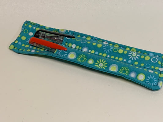 Pen Holder - holds two pens - Green with white and yellow geometric - with elastic band