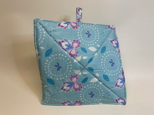 Potholder -Light blue with flowers