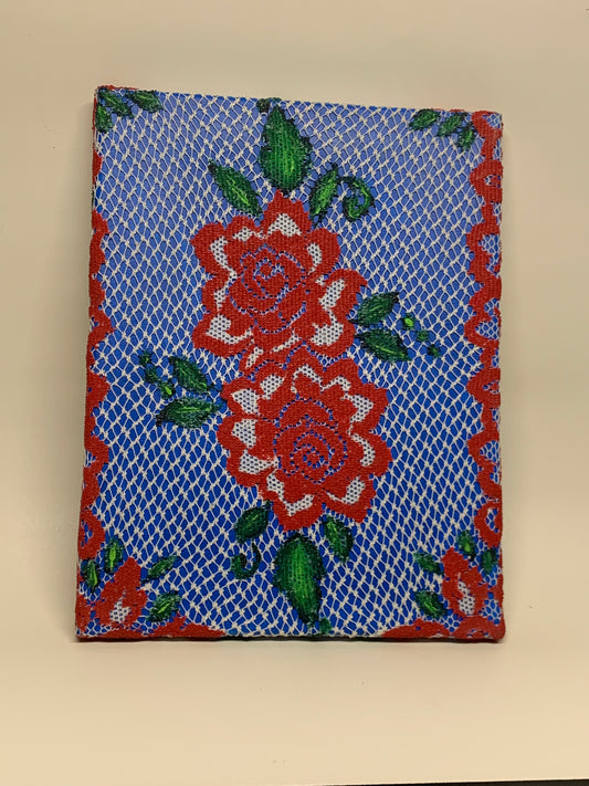 Lace Stretched over Canvas and painted with acrylic paint - Roses - 11" x 14"