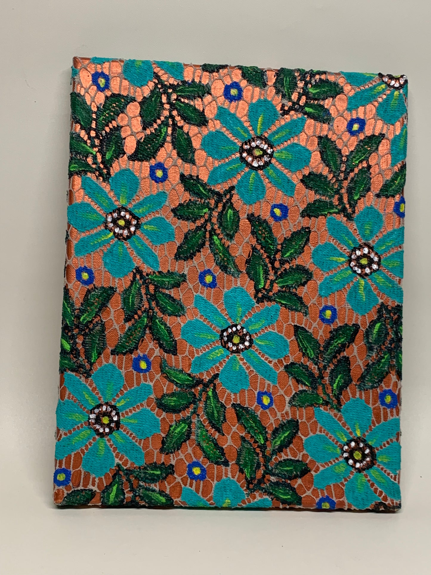 Lace Stretched over Canvas and painted with acrylic paint - Teal Flowers on copper background- 11" x 14"
