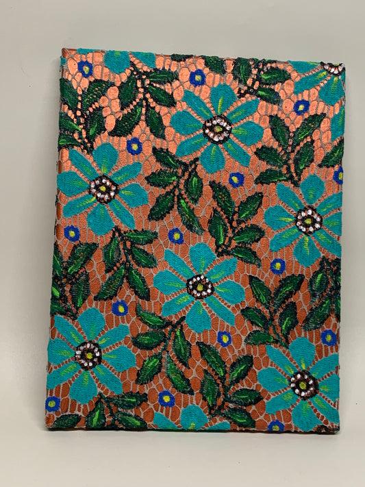 Lace Stretched over Canvas and painted with acrylic paint - Teal Flowers on copper background- 11" x 14"