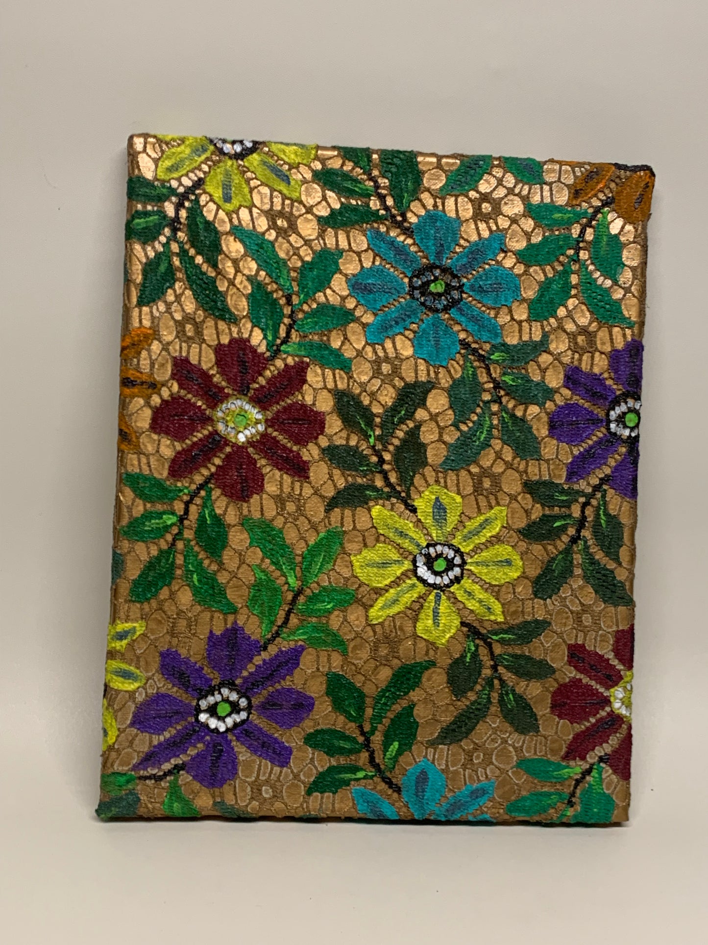 Lace Stretched over Canvas and painted with acrylic paint - Multicolored flowers on gold background - 11" x 14" (Copy)