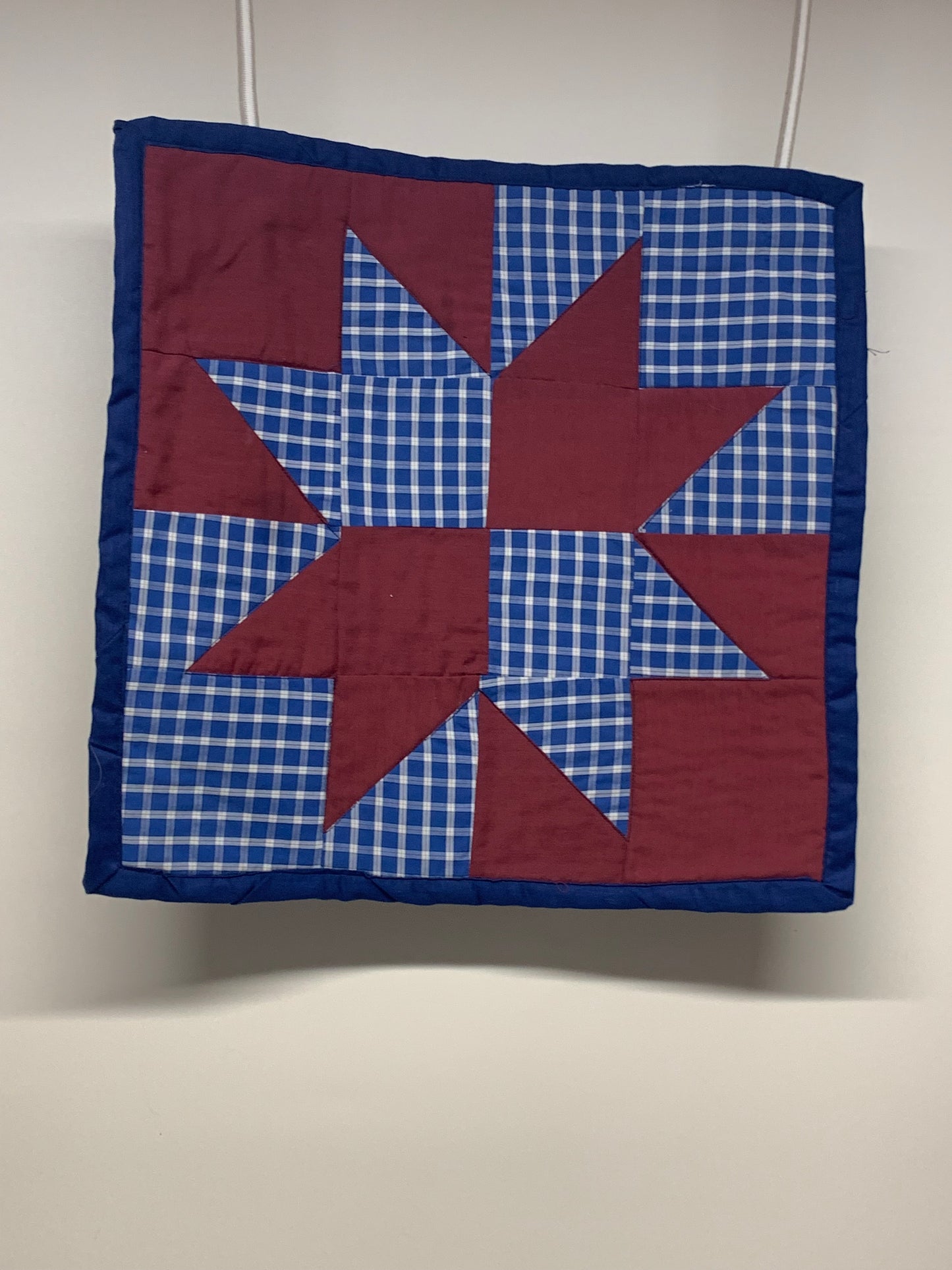 Centerpiece Mat - Blue plaid and maroon geometric   17" x 16"