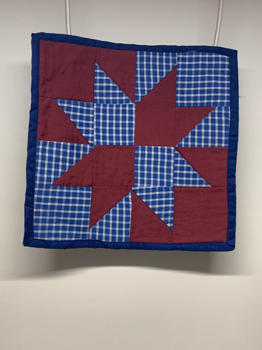 Centerpiece Mat - Blue plaid and maroon geometric   17" x 16"