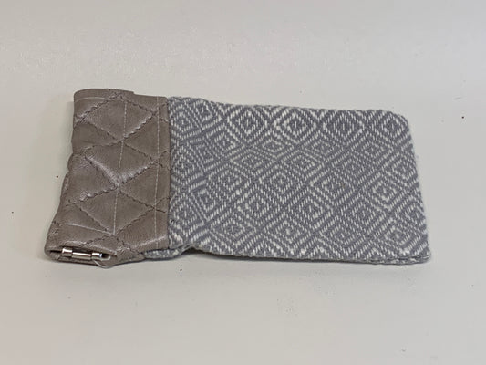 Unlined Pouch with Flex Frame Closure -  Gold vinyl top and beige/grey geometric bottom fabric - 3.5" x 6"