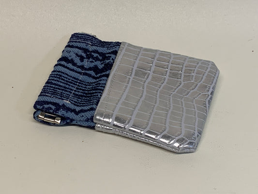 Unlined Pouch with Flex Frame Closure - Blue fabric top and silver vinyl bottom -  3.25" x 4.5"