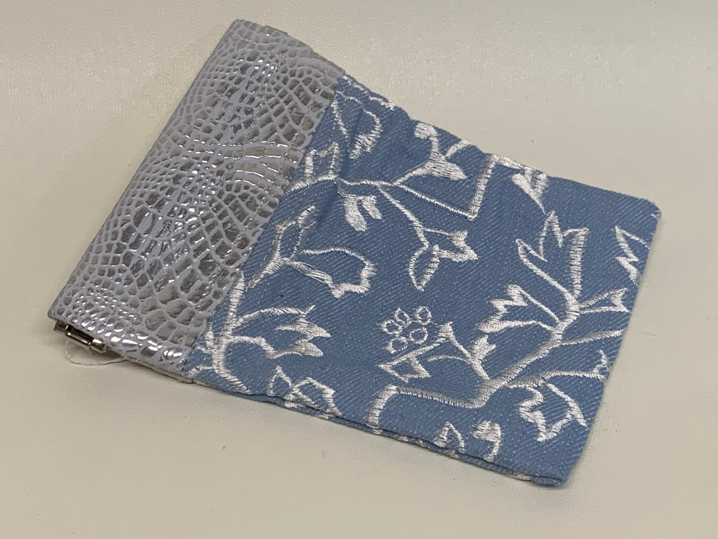 Unlined Pouch with Flex Frame Closure -  Silver vinyl top and light blue and silver fabric bottom- 4" x 5.5"