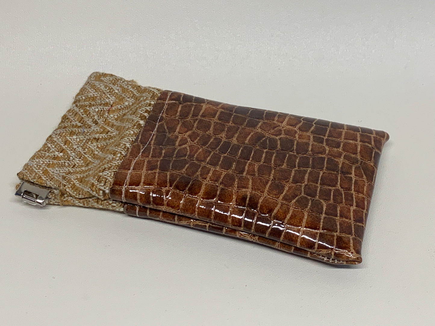 Unlined Pouch with Flex Frame Closure - - Tan fabric top and brown vinyl bottom  - 3.25" x 6.5