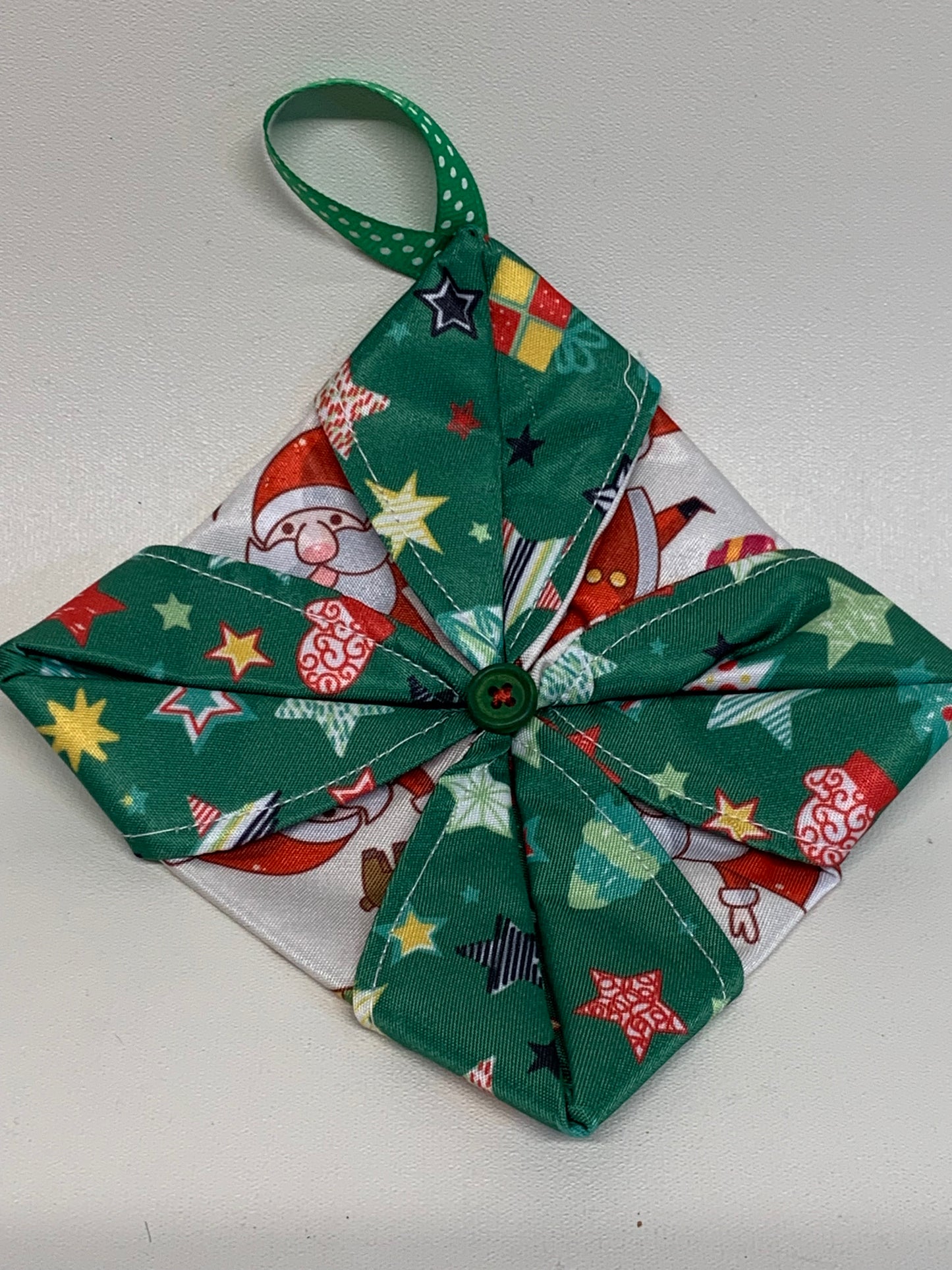 Christmas Ornament - Green and White with Santa- approx. 4.25" square