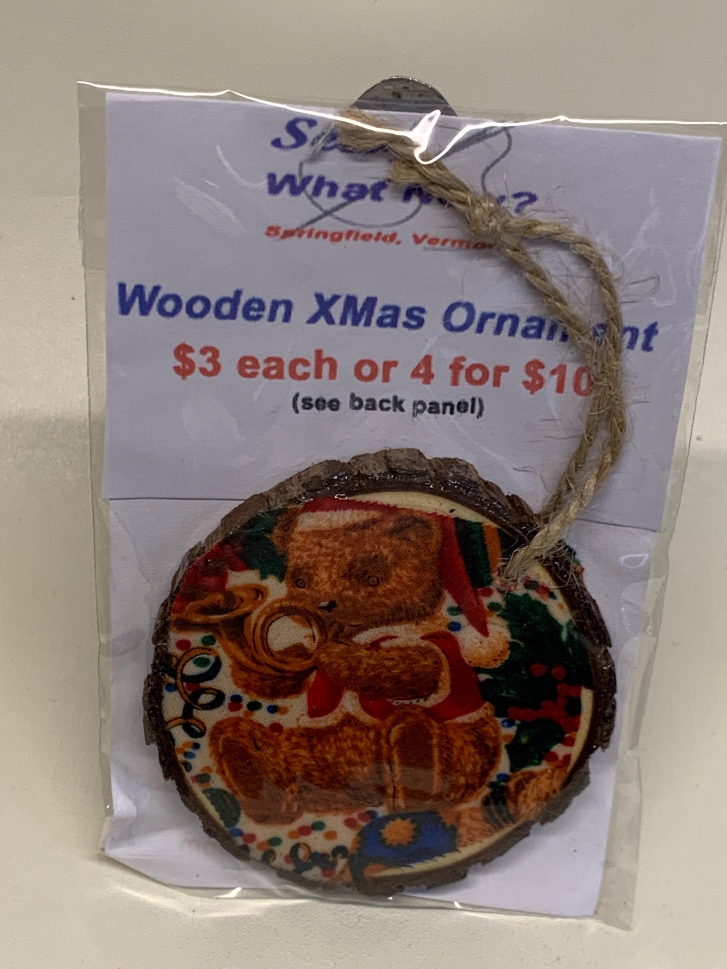 Wooden Christmas Ornament - Teddy Bear with horn  - approx. 2.75" round