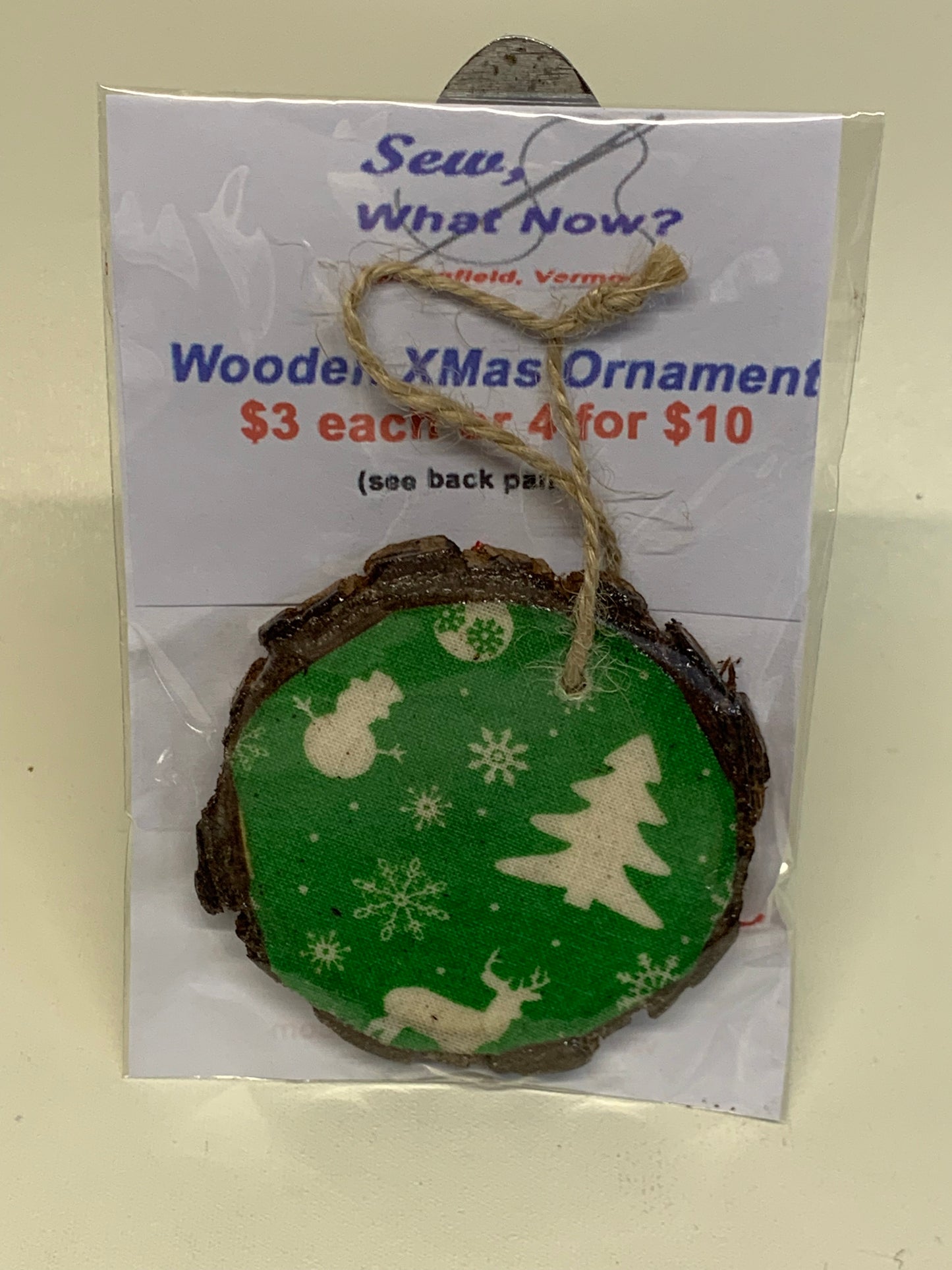 Wooden Christmas Ornament - Green/White Xmas  - approx. 2.75" round