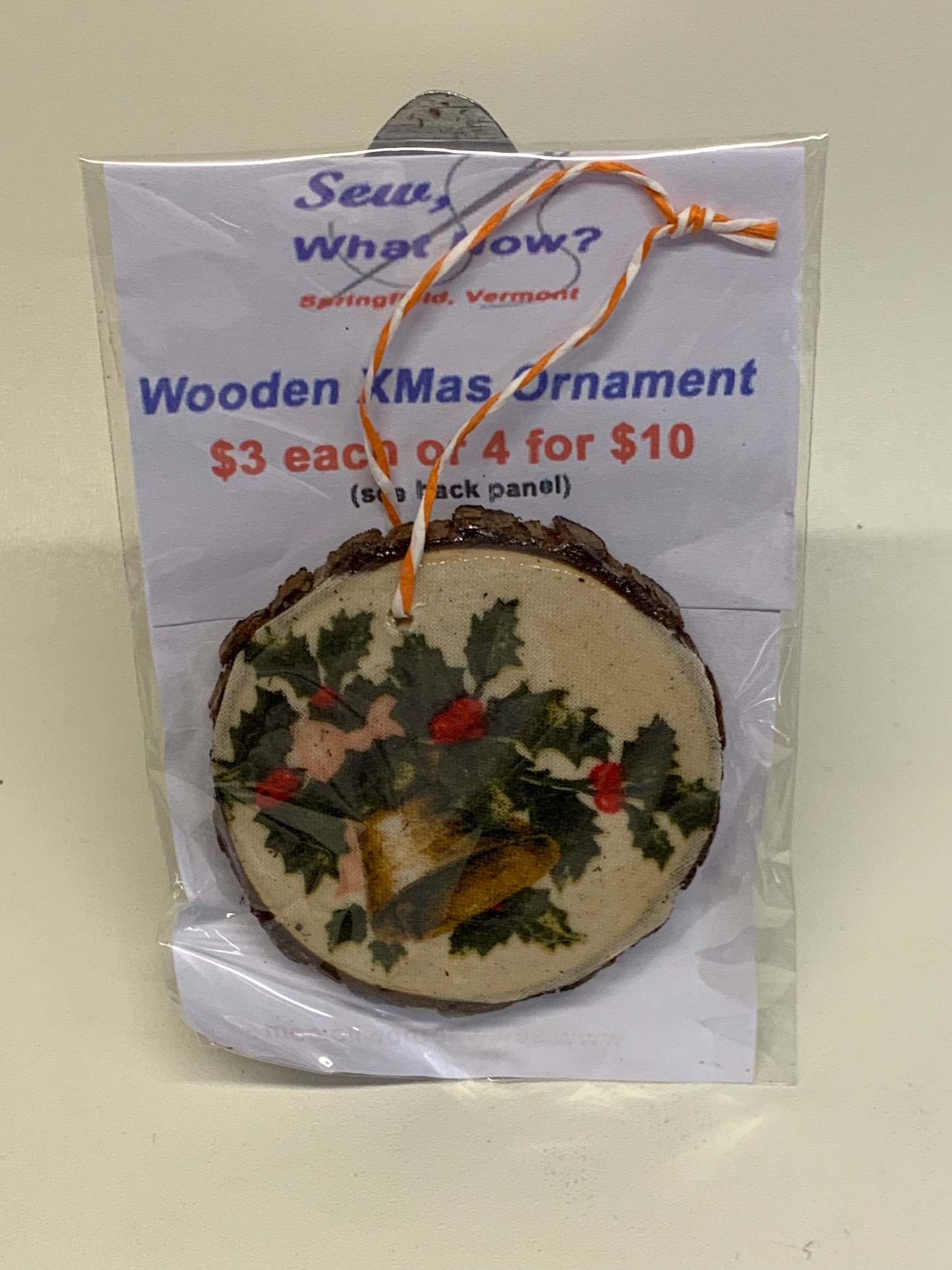Wooden Christmas Ornament - Christmas Bell with holly- approx. 2.75" round