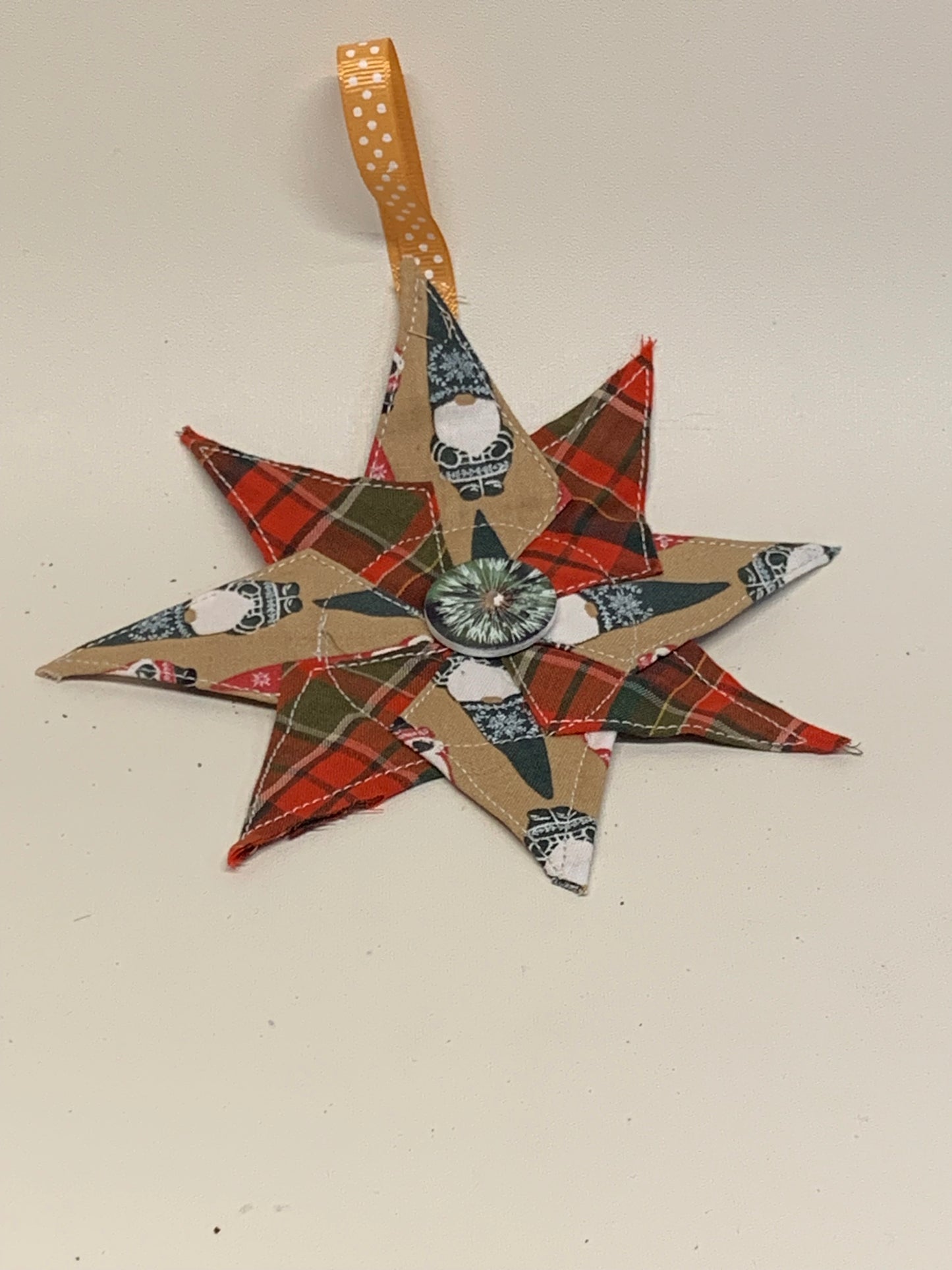 Christmas Star Ornament - Red plaid and Tan with Gnomes- approx. 6" round