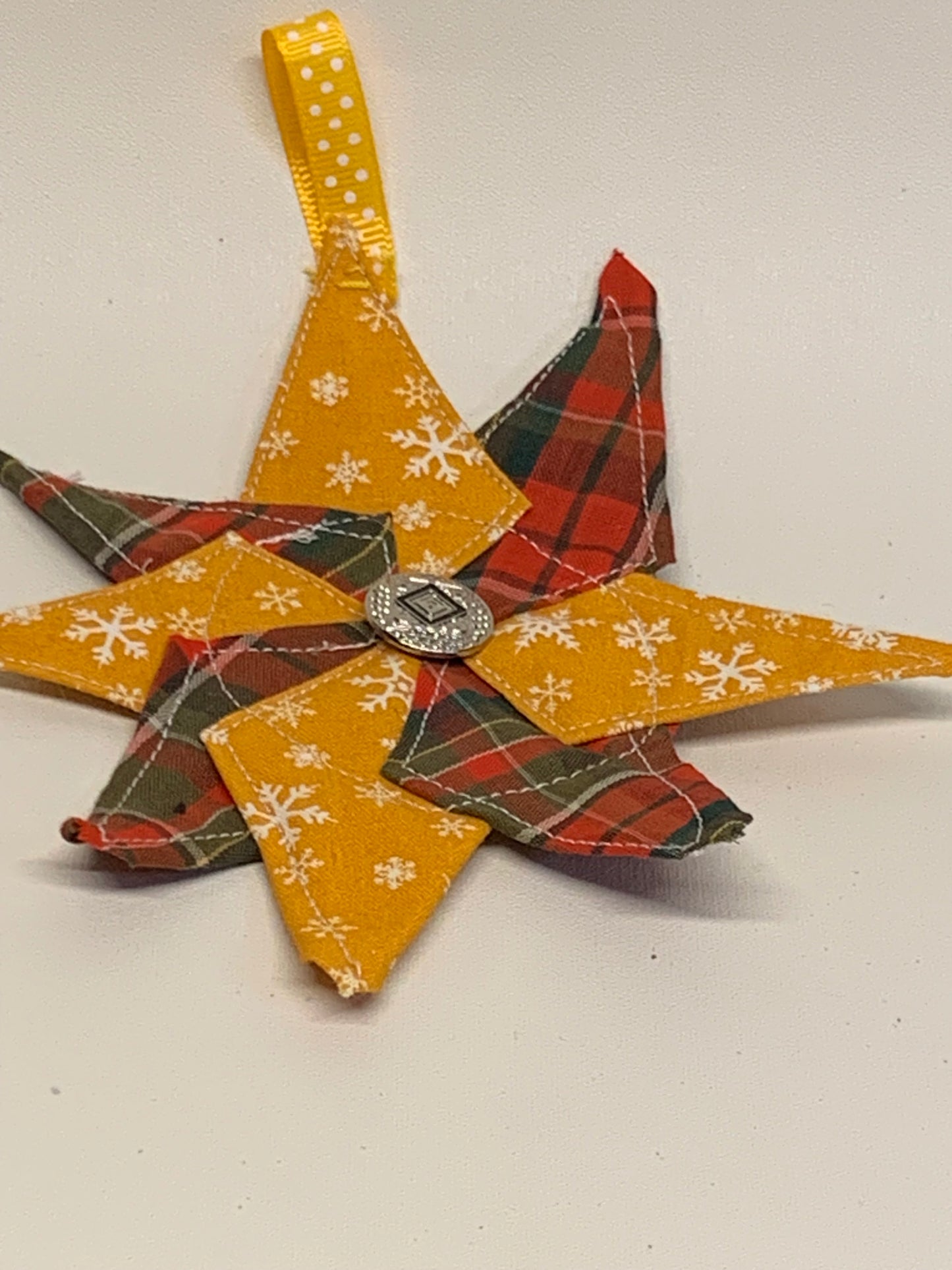 Christmas Star Ornament - Red plaid and Yellow - approx. 6" round