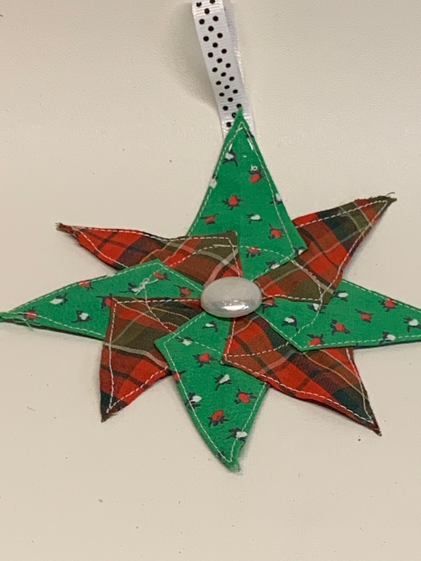 Christmas Star Ornament - Red plaid and Green with dots - approx. 6" round
