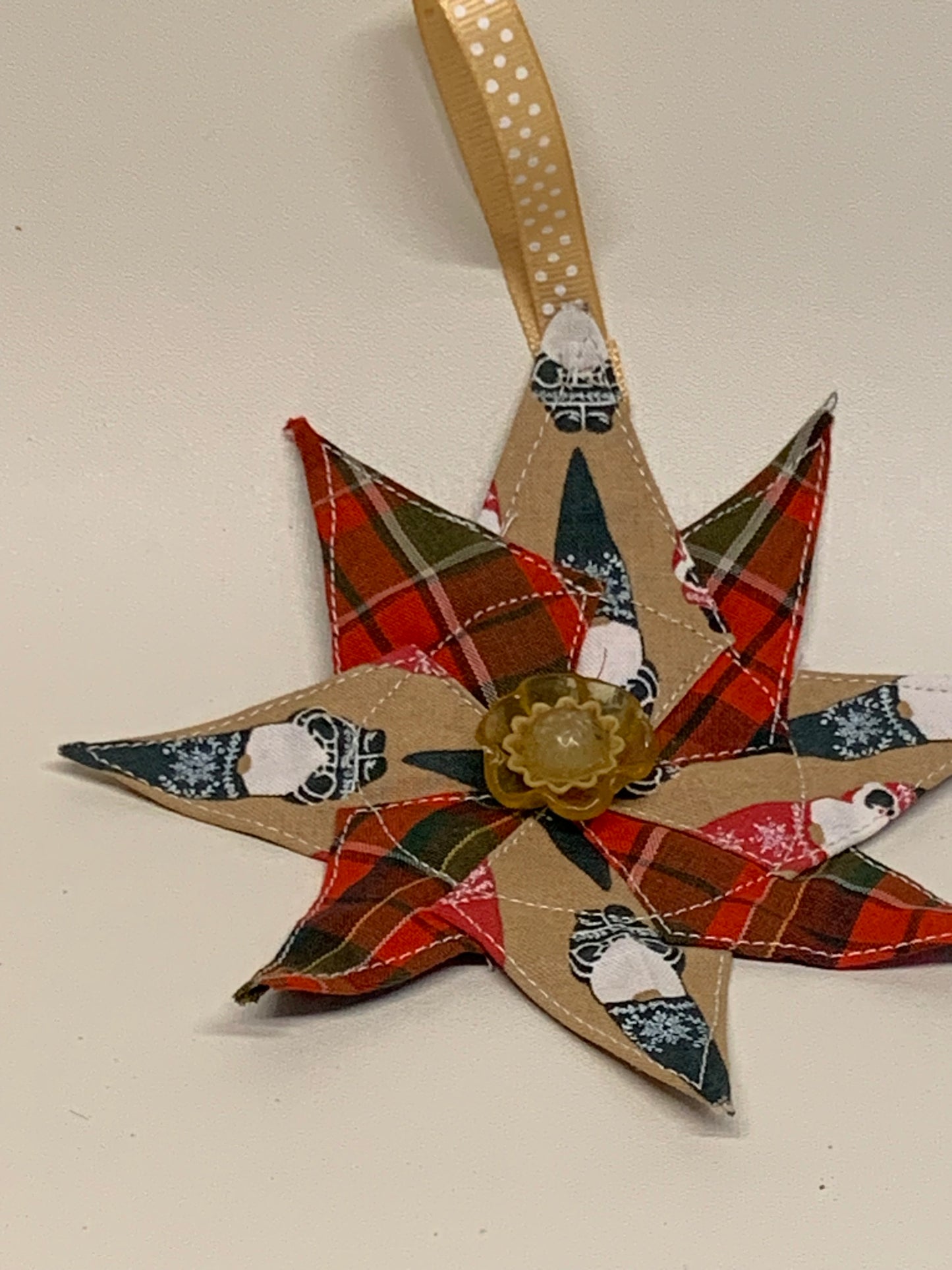 Christmas Star Ornament - Red plaid and Tan with gnomes - approx. 6" round
