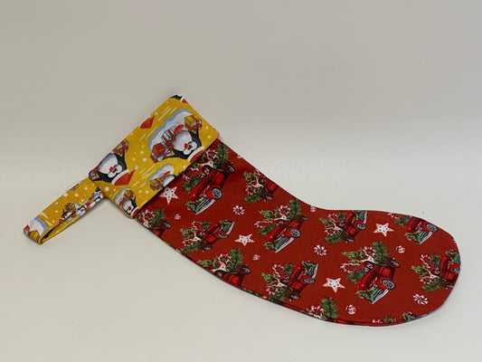 Small Christmas Stocking - Red with classic truck and yellow- approx. 11" tall x 4.25" wide.