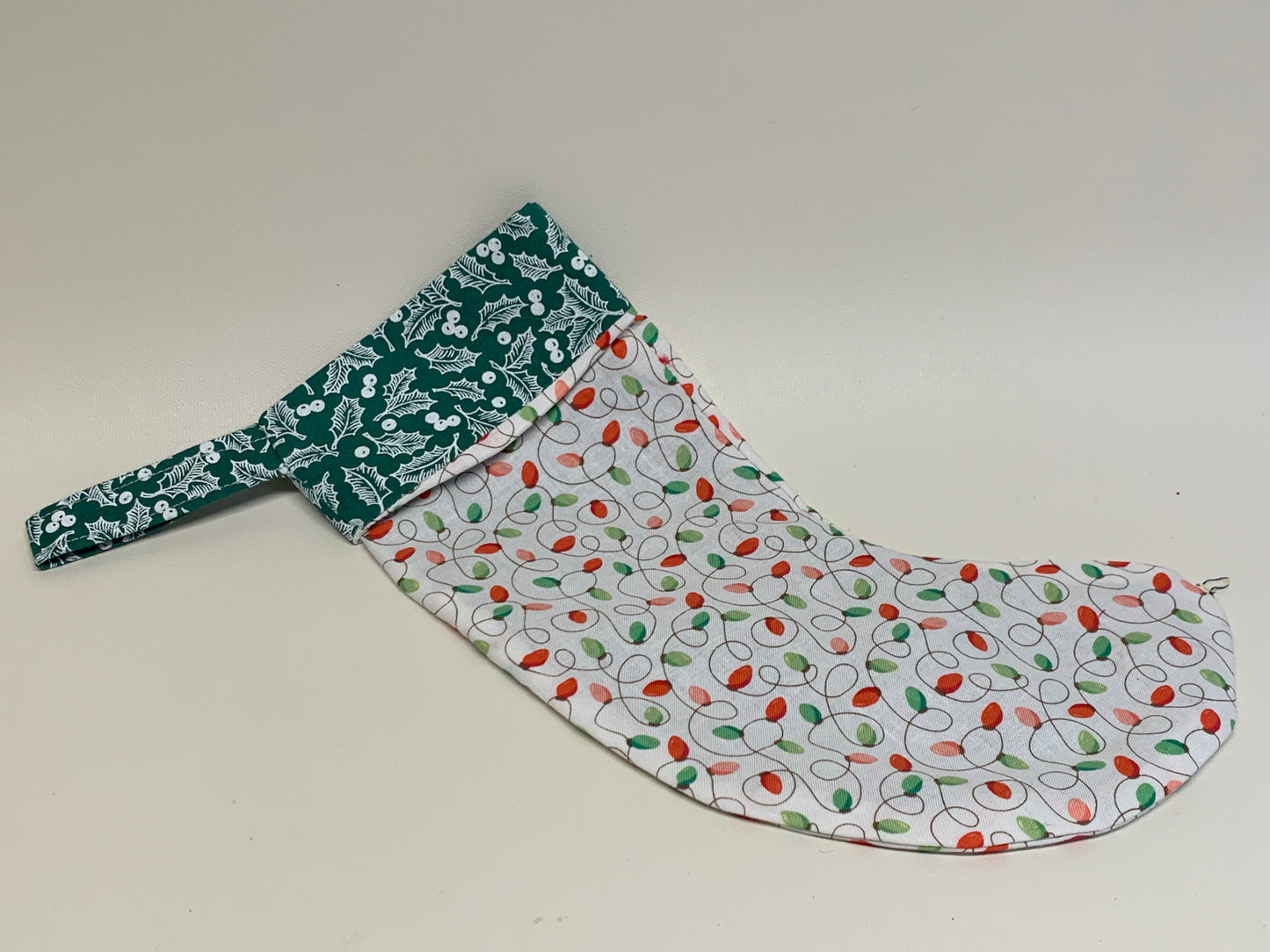 Small Christmas Stocking - White with string lights -  approx. 11" tall x 4.25" wide,