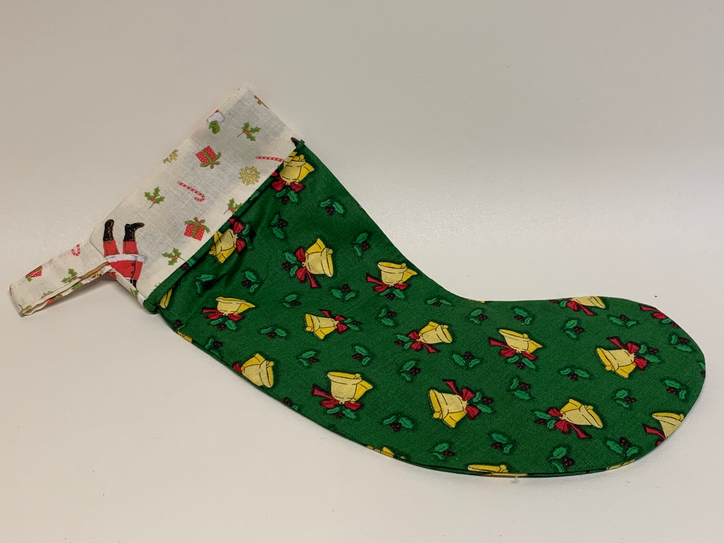 Small Christmas Stocking - Green with bells -  approx. 11" tall x 4.25" wide,