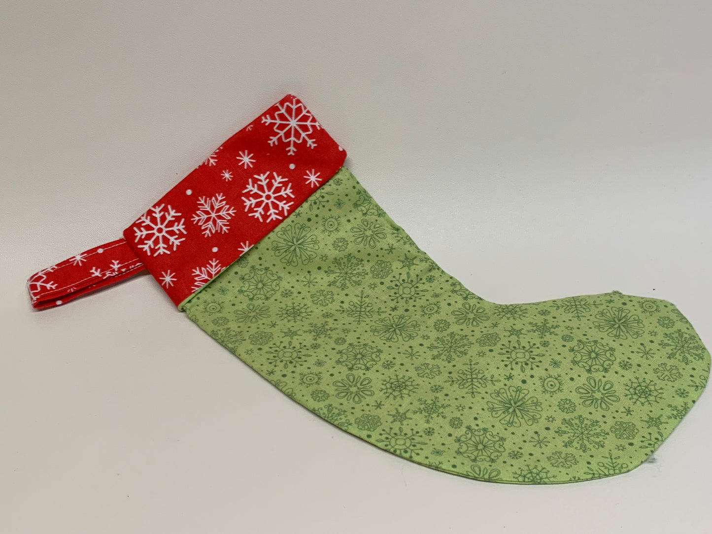 Small Christmas Stocking - Light Green with snowflakes -  approx. 11" tall x 4.25" wide,
