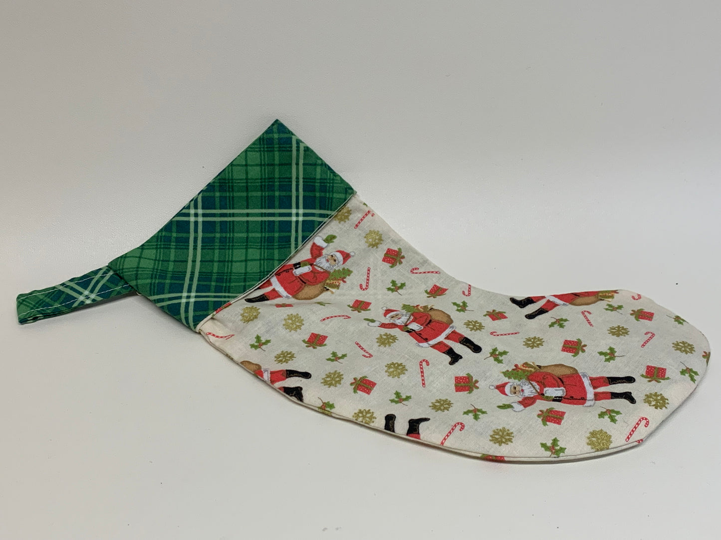 Small Christmas Stocking - White with Santas -  approx. 11" tall x 4.25" wide,