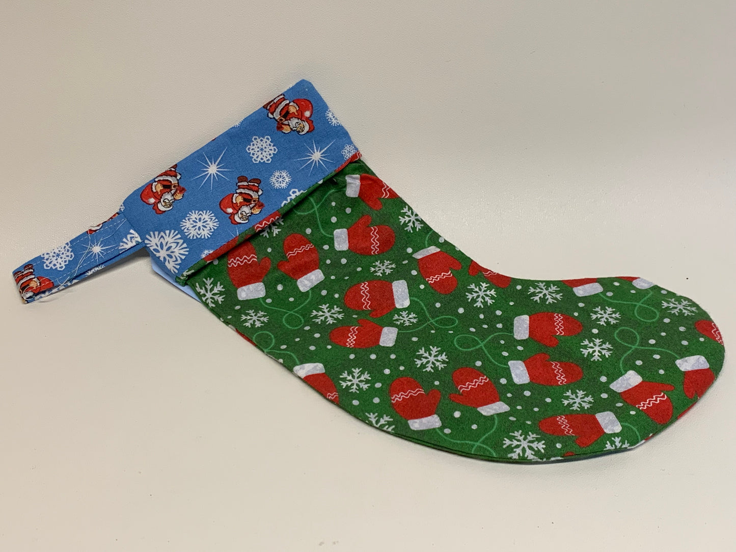 Small Christmas Stocking - Green with red mittens -  approx. 11" tall x 4.25" wide,