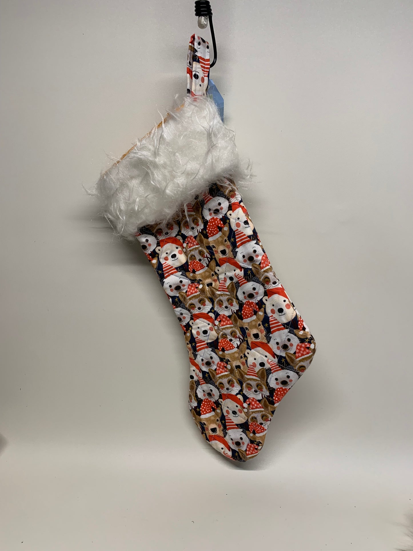 Quilted Christmas Stocking with faux fur cuff  - Animals with red hats and white cuff - approx. 18" tall x 6" wide.