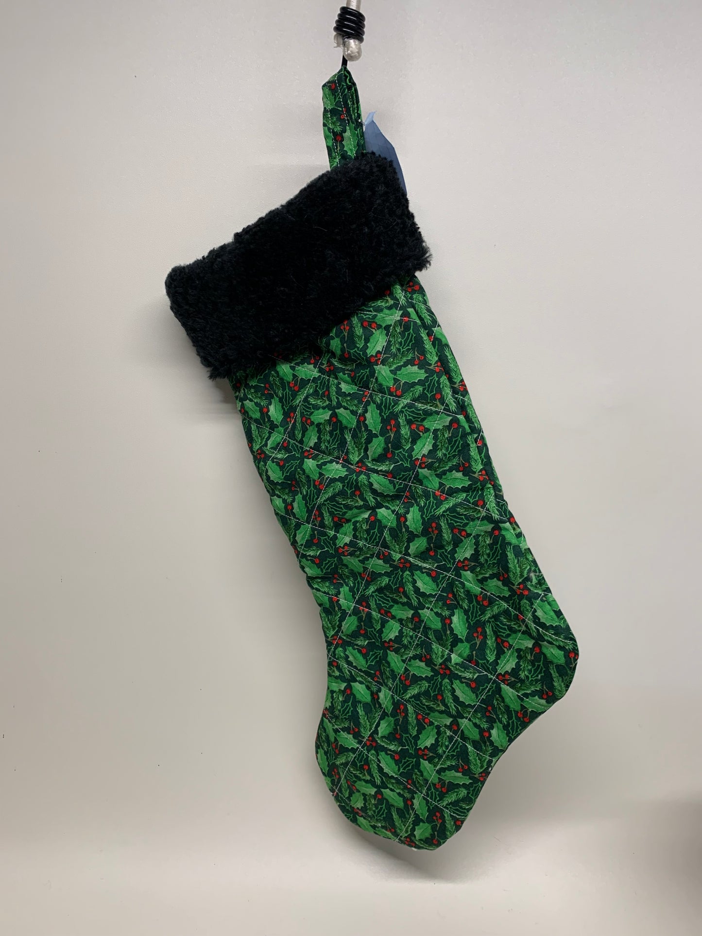 Quilted Christmas Stocking with faux fur cuff  - Green with holly and black cuff - approx. 18" tall x 6" wide.