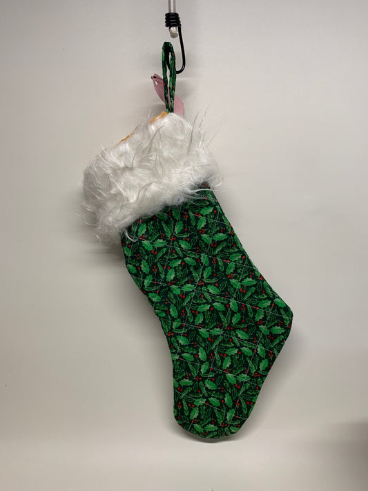 Quilted Christmas Stocking with faux fur cuff  - Green with holly and white cuff - approx. 18" tall x 6" wide.