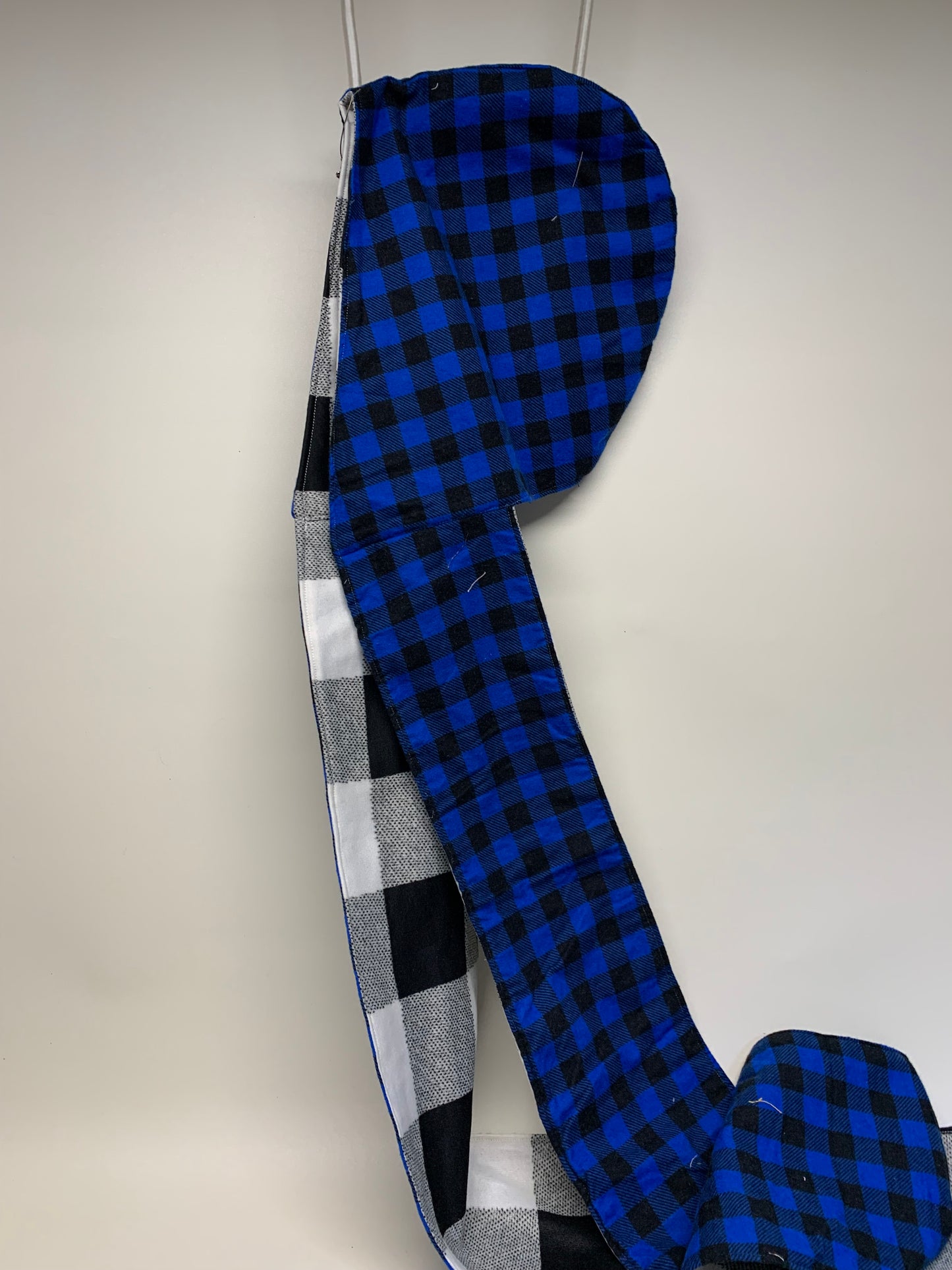 Scoodie (Hooded Scarf) - Reversible - Blue plaid on one side - White/Black/Grey plaid on inverse