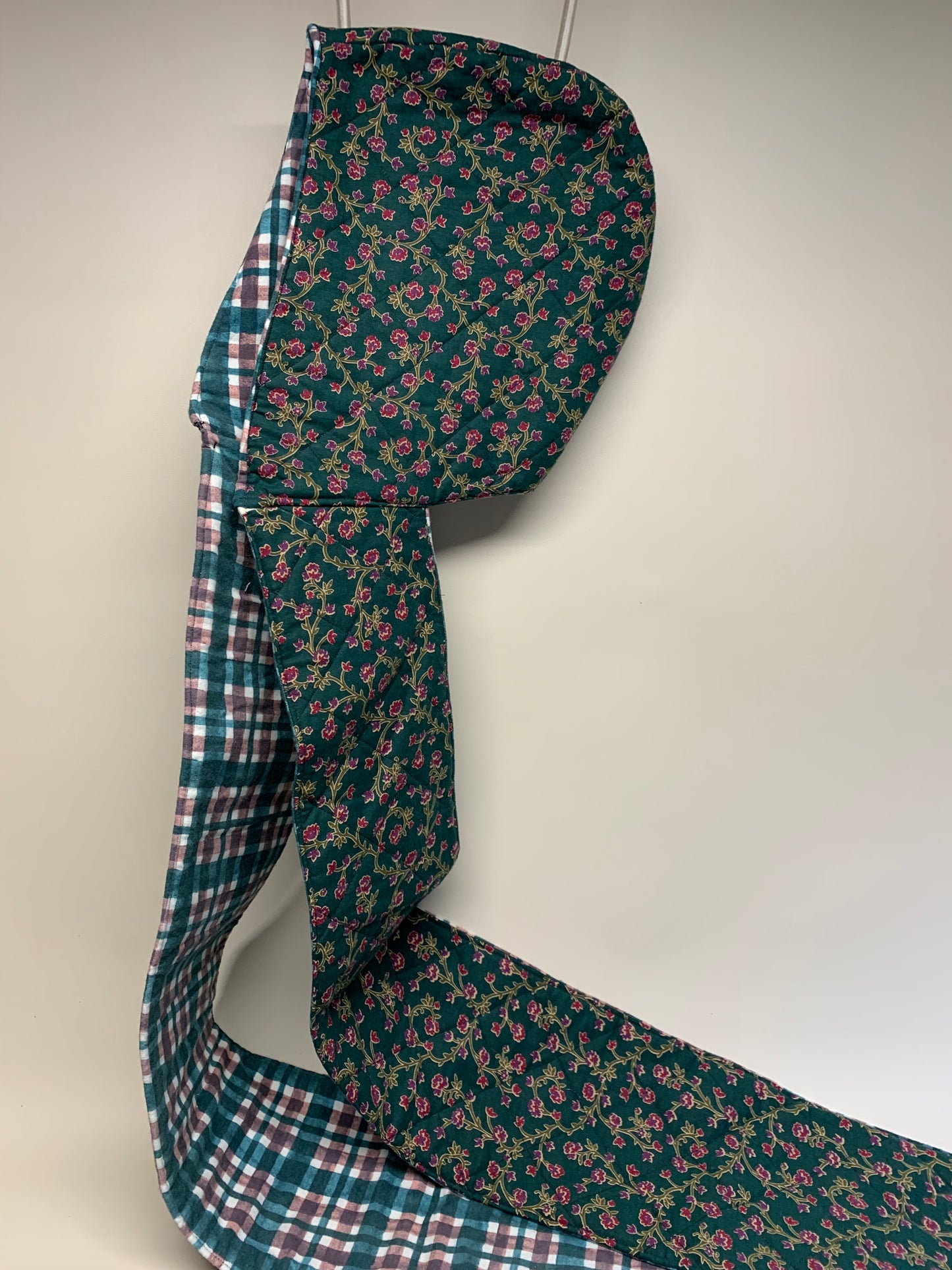Scoodie (Hooded Scarf) - Reversible - Green with flowers on one side and Green plaid on the inverse