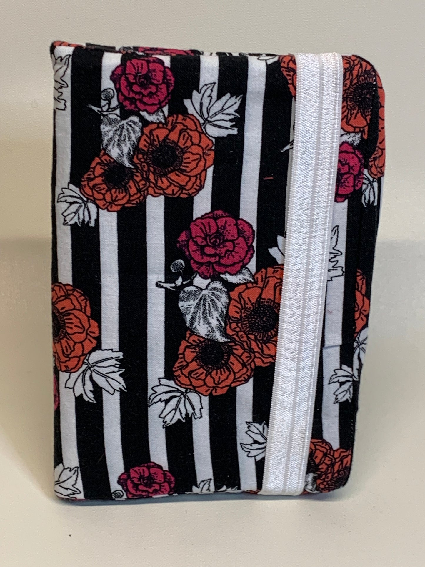 Notebook Cover - 4" X 6" - Black and white stripes with red roses