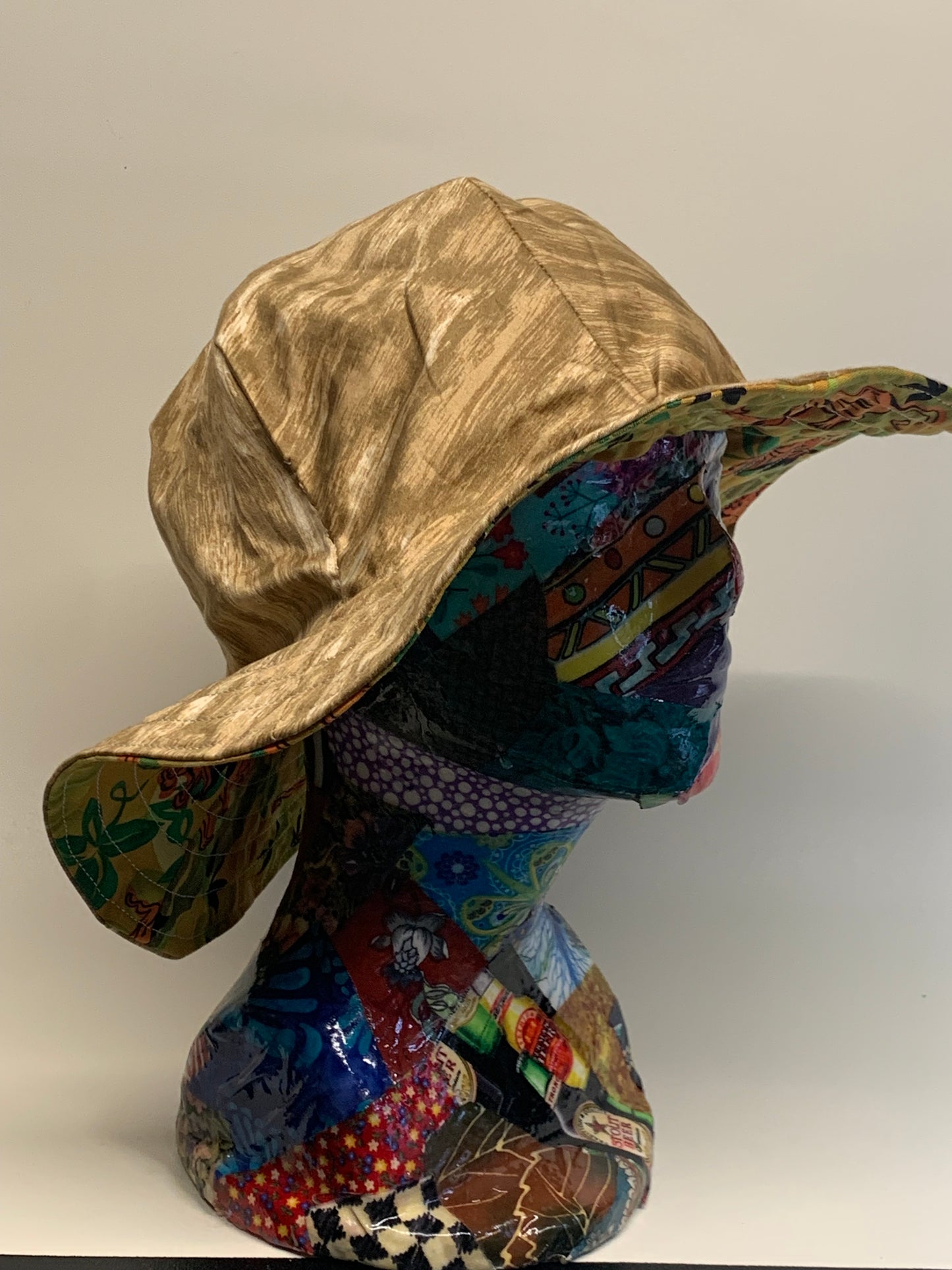 Bucket Hat  - Reversable Designs - Gold on side one - Tan with monkeys on the reverse