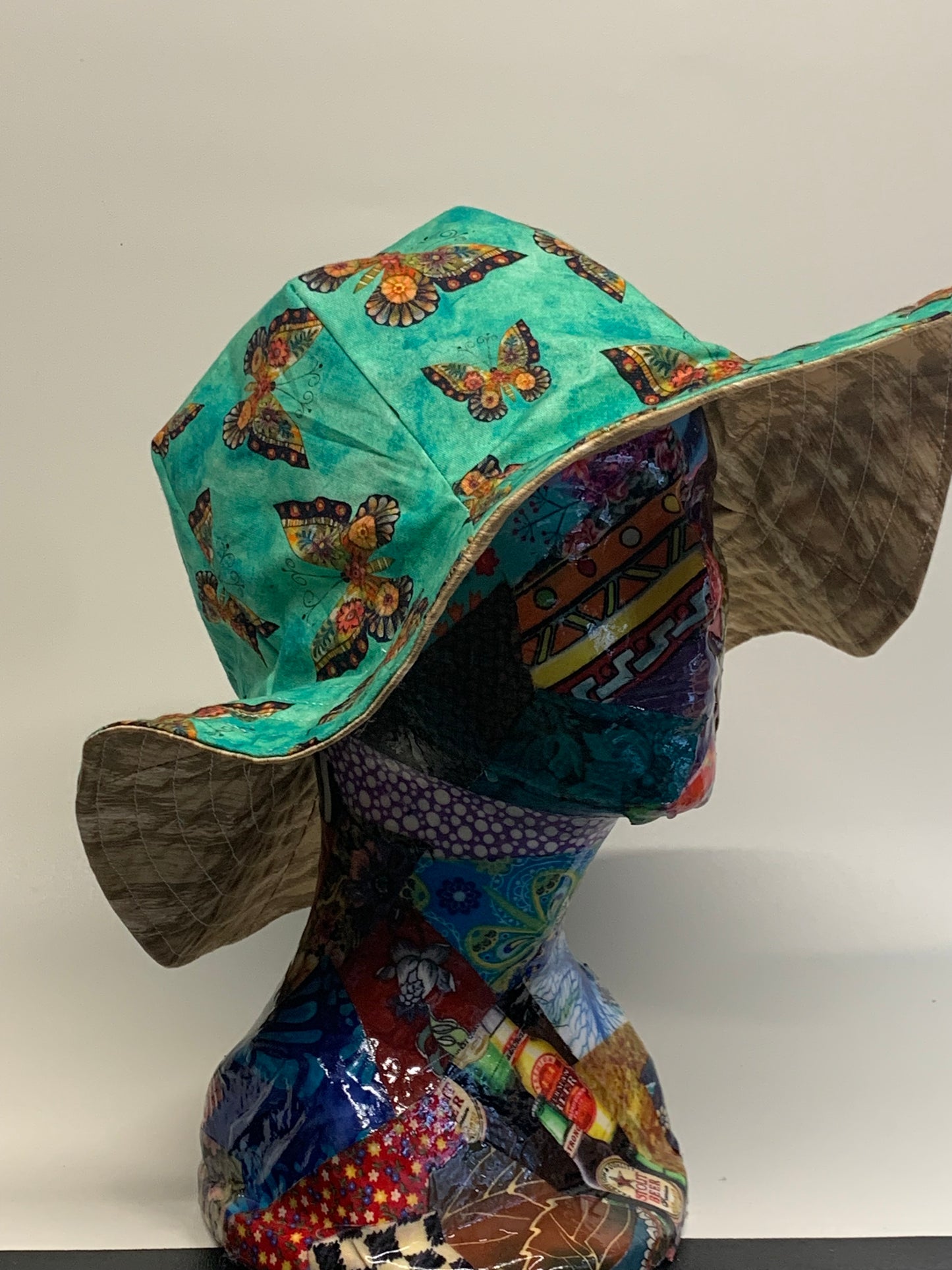 Bucket Hat  - Reversable Designs - Gold color on side one - Teal with butterflies on the reverse