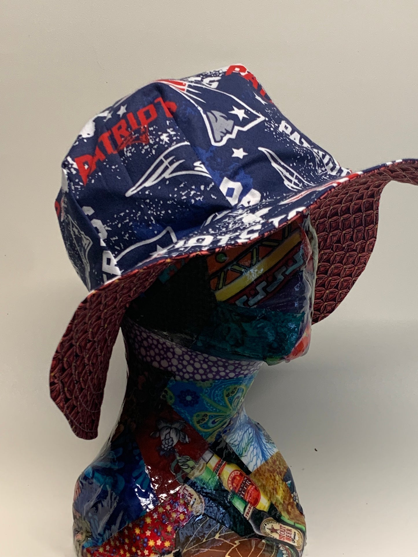 Bucket Hat  - Reversable Designs - Red geometric on side one - Patriots on the reverse