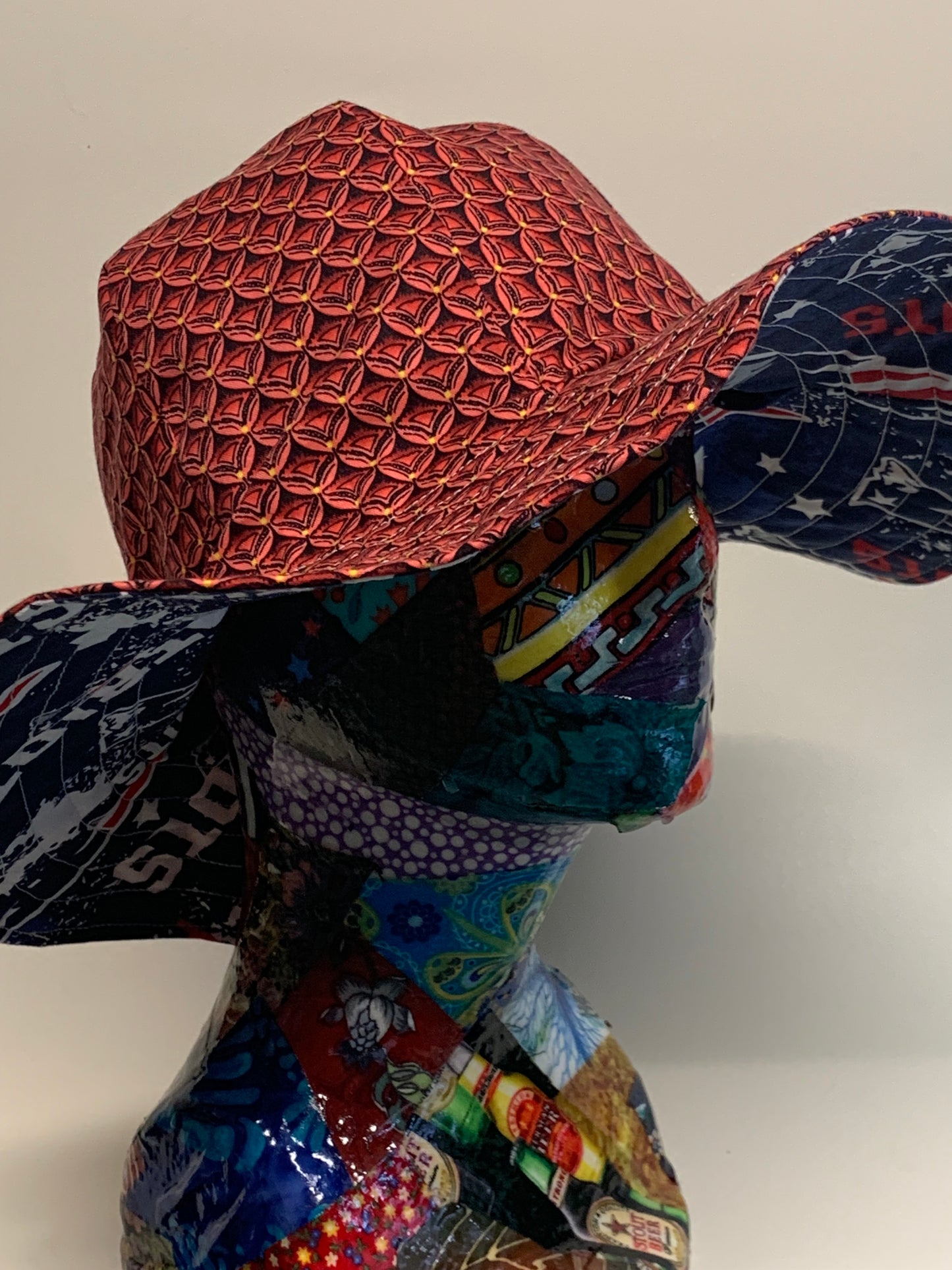 Bucket Hat  - Reversable Designs - Red geometric on side one - Patriots on the reverse