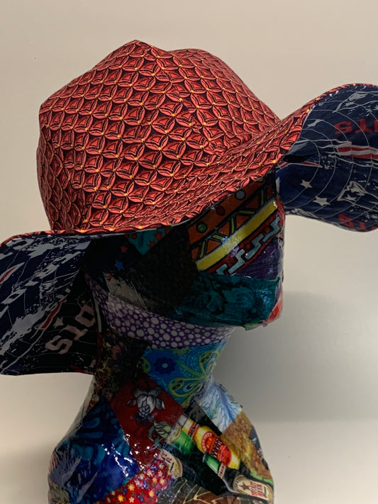Bucket Hat  - Reversable Designs - Red geometric on side one - Patriots on the reverse
