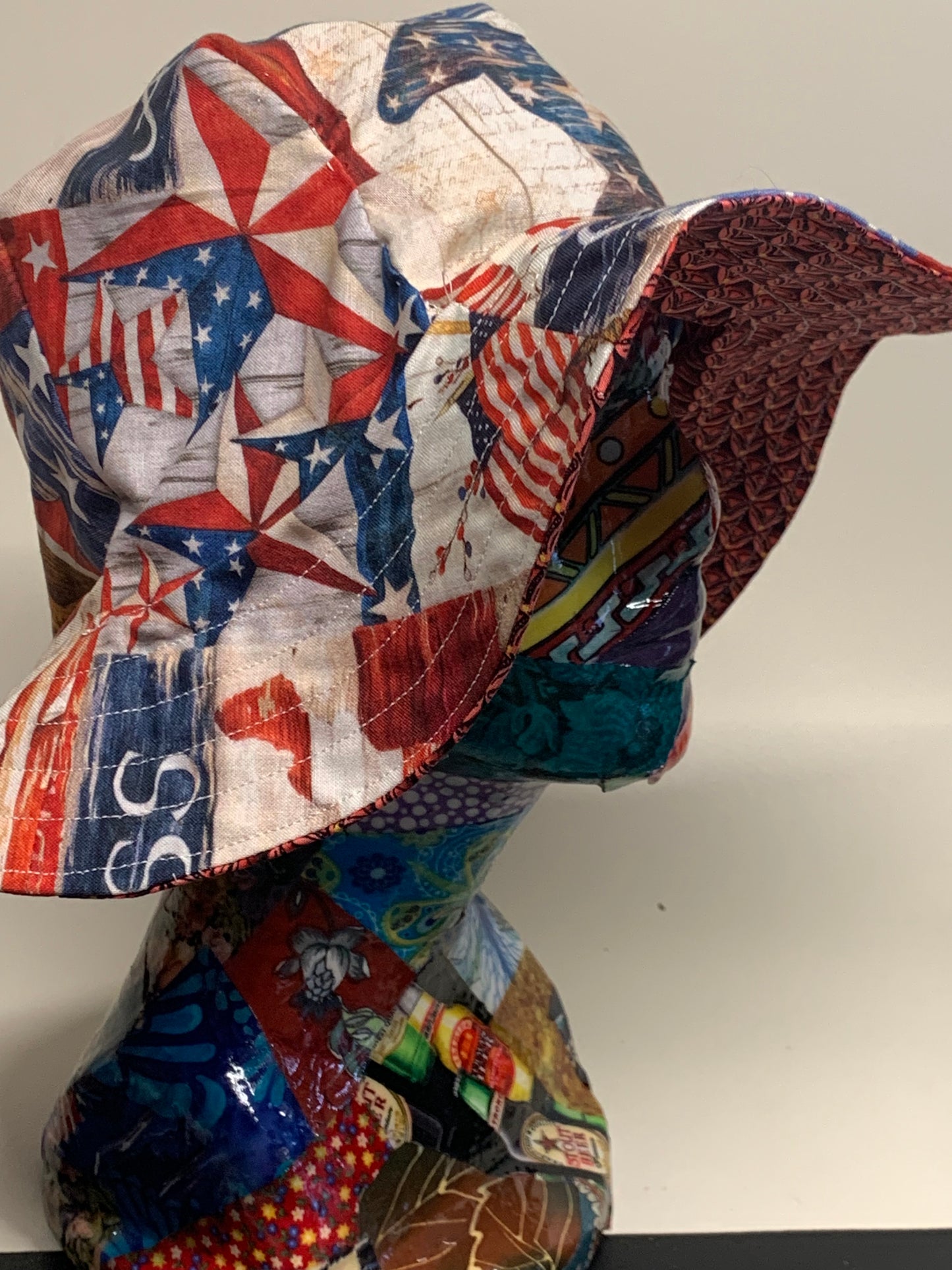 Bucket Hat  - Reversable Designs - Red geometric on side one - American theme on the reverse