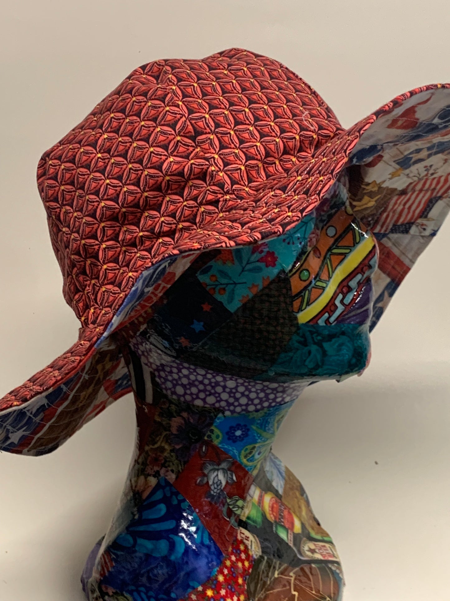 Bucket Hat  - Reversable Designs - Red geometric on side one - American theme on the reverse