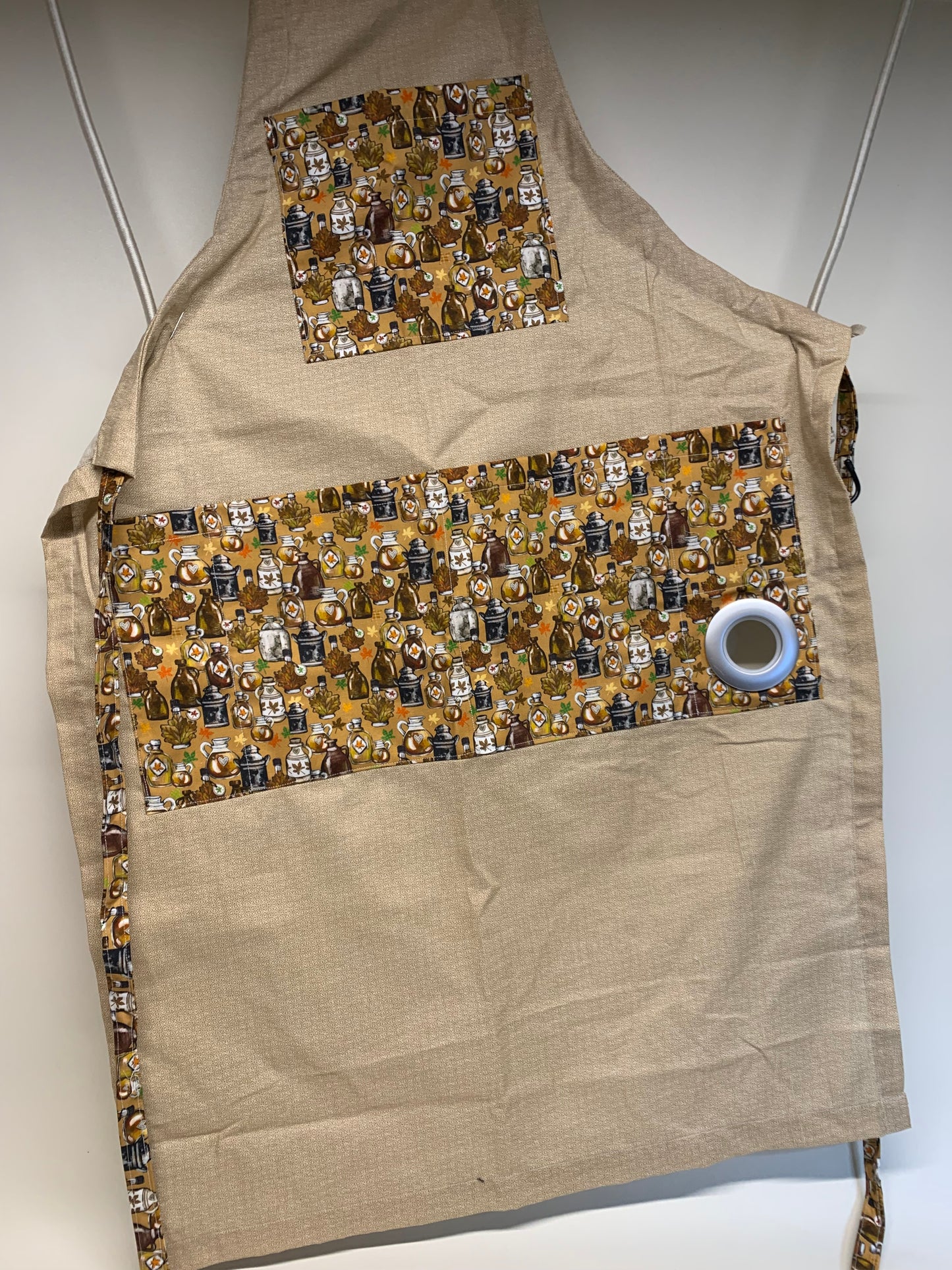 BBQ Apron - Tan geometric fabric with maple syrup jar accents