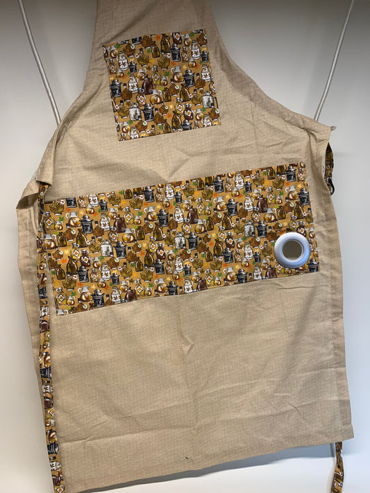 BBQ Apron - Tan geometric fabric with maple syrup jar accents