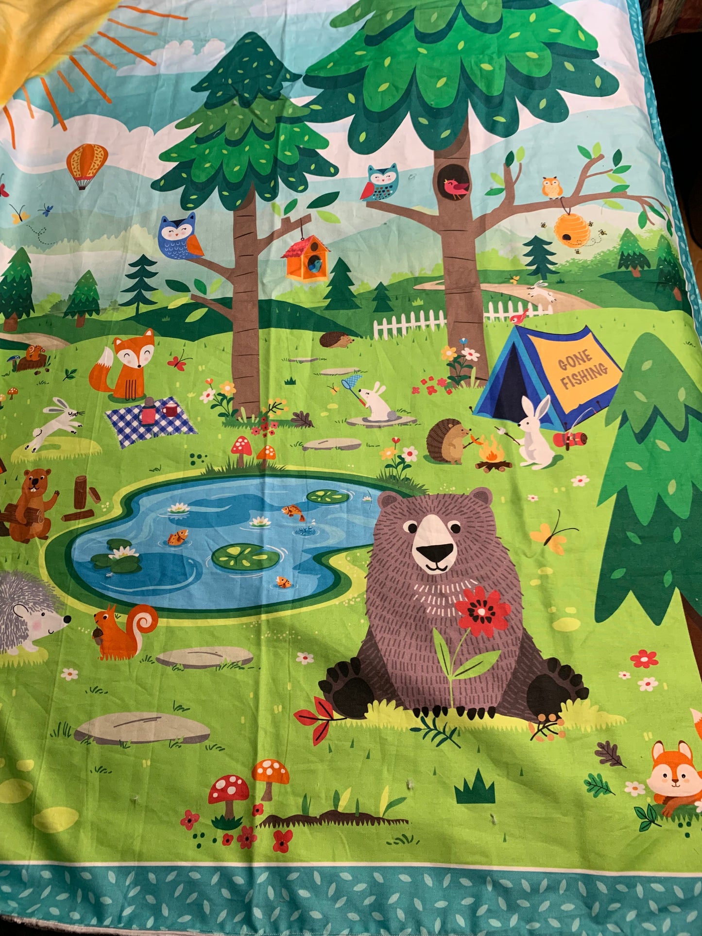 Baby Blanket - Side 1: Happy Camper - Side 2: light grey corduroy